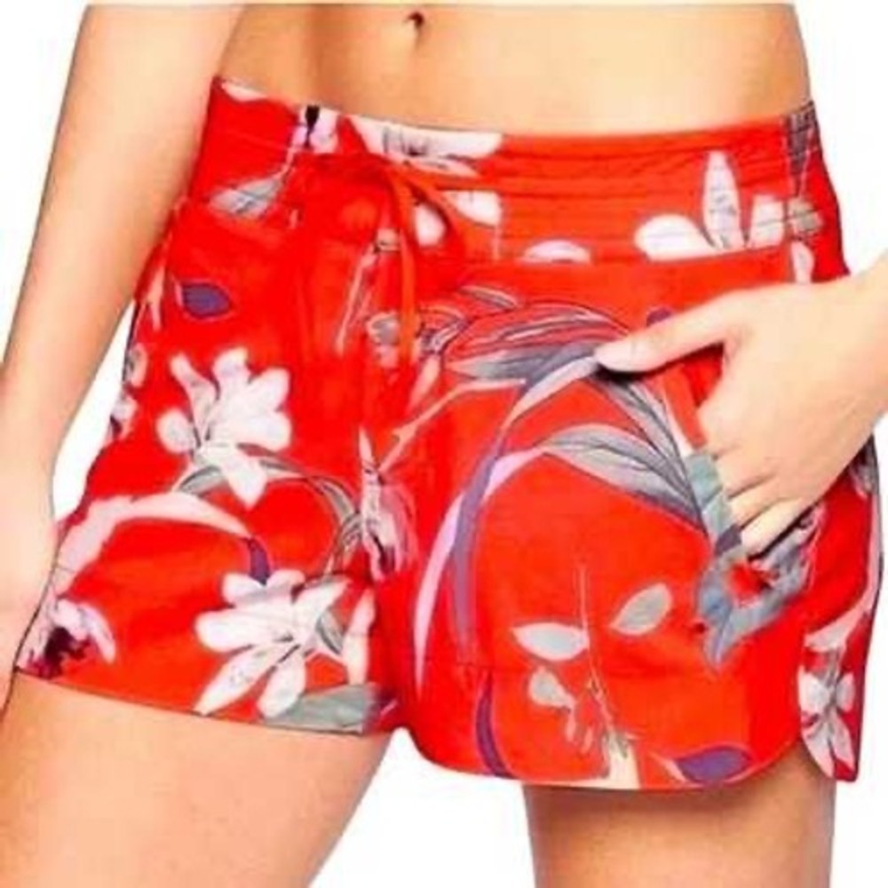 Athleta Red Floral Tropical Orchid Active Shorts Size 2 Drawstring Hiking Travel